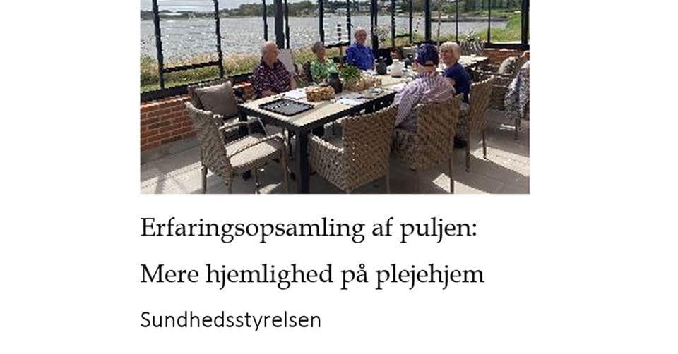 Billedet viser fem seniorer rundt omkring et bord i en stor havestue