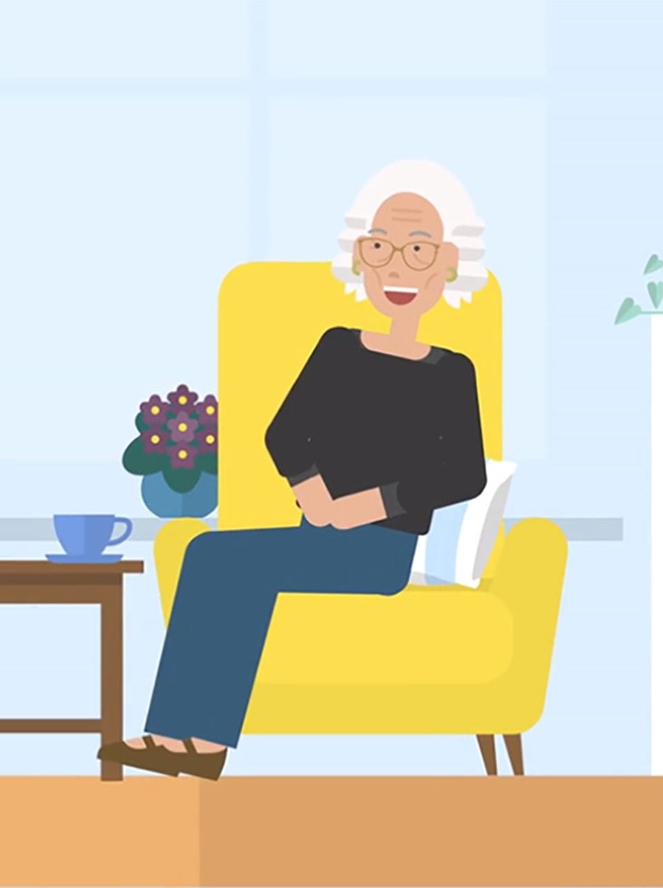 Animeret billede af ældre smilende kvinde i lænestol